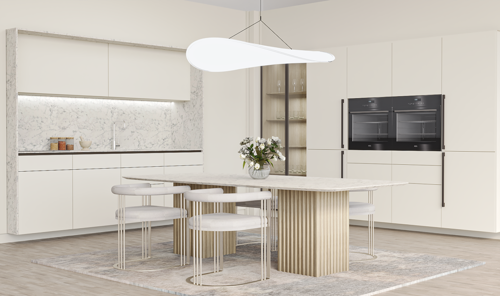 White ,,L" shape kitchen furniture with wooden dining table in the center
