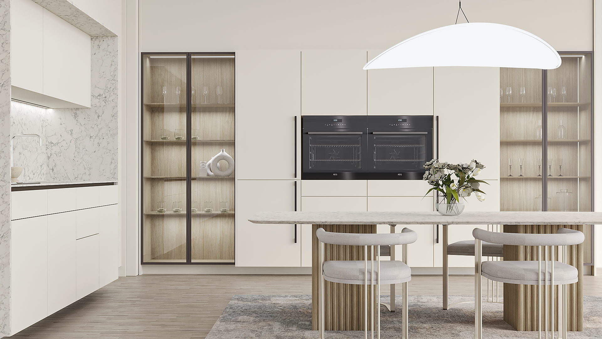L shape kitchen fragment with integrated glass cubboard and dining table in the middle
