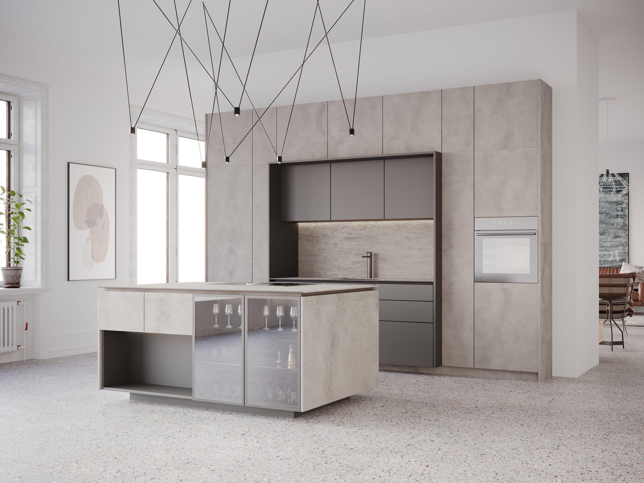 Urban style kitchen matching floor and wall materials